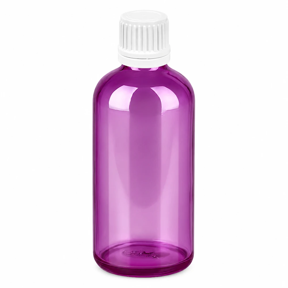 Szklana butelka 100 ml fioletowa przezroczysta z białą zakrętką 11 mm na olejki eteryczne