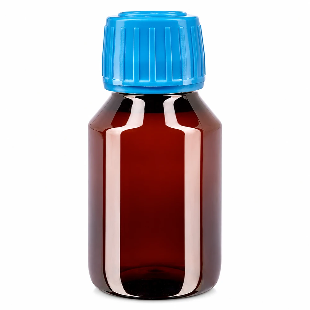 Brązowa butelka PET o pojemności 50 ml z niebieską oryginalną nakrętką, przeznaczona do bezpiecznego przechowywania płynów