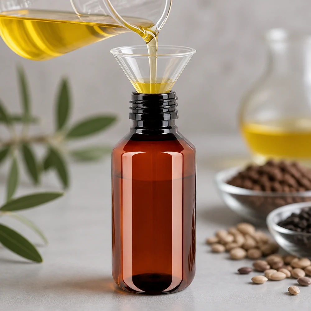 Butelka PET w kolorze bursztynowym o pojemności 100 ml, typ PP28, bez nakrętki, podczas napełniania żółtym olejem za pomocą lejka