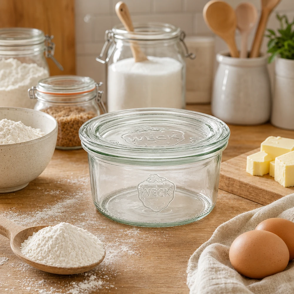 WECK 165ml szklany słoik RR80 pusty na drewnianej desce otoczony składnikami do pieczenia, takimi jak mąka jajka masło w kuchni
