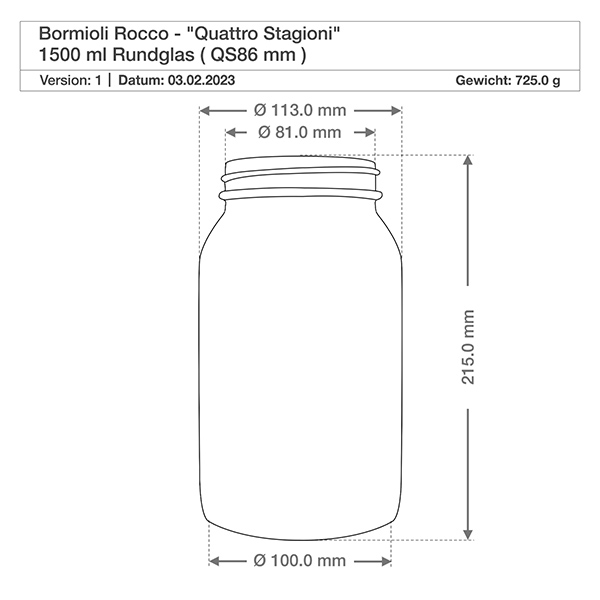 Słoik okrągły 1500 ml „Quattro Stagioni” z pokrywką Rysunek techniczny okrągłego słoika Bormioli Rocco Quattro Stagioni 1500 ml - Wymiary i specyfikacja słoika na przetwory