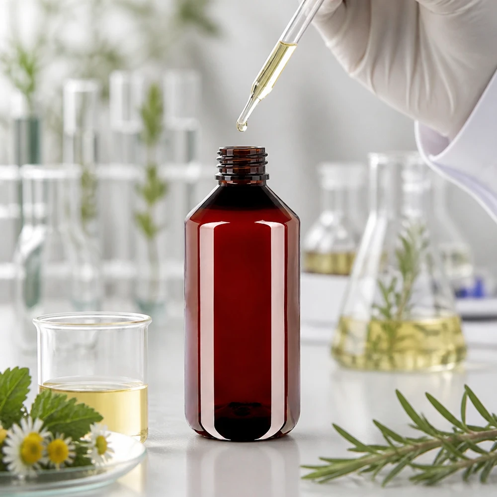 Brązowa butelka PET o pojemności 1000 ml z zieloną nakrętką w laboratorium z ekstraktami ziołowymi