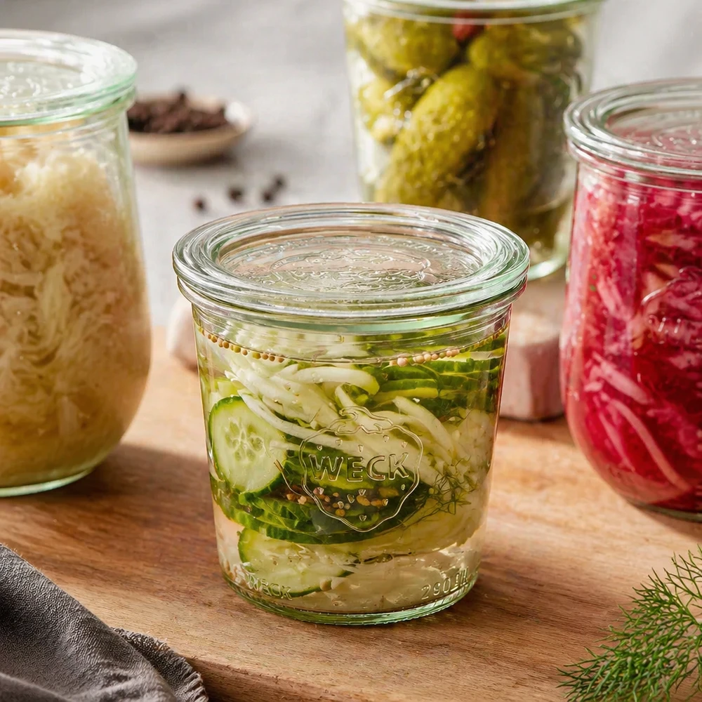 Kubki wysokie 290ml ze szklaną pokrywką WECK RR80 WECK słoik 290ml RR80 z marynowanymi korniszonami i ziołami obok innych napełnionych słoików na drewnianej desce