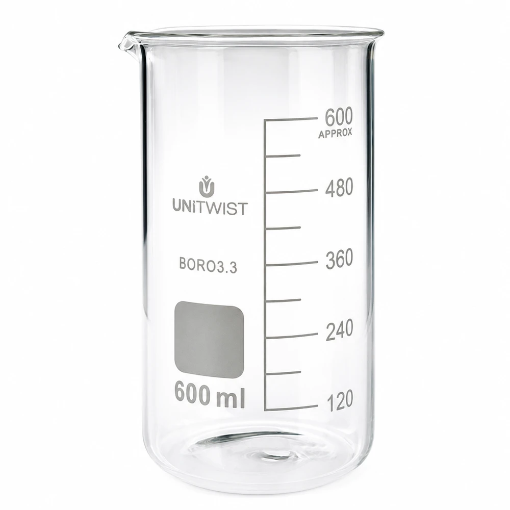 Szklanka o pojemności 600 ml, wysoka, wykonana ze szkła borokrzemowego marki UNITWIST, z podziałką mililitrową, przezroczysta