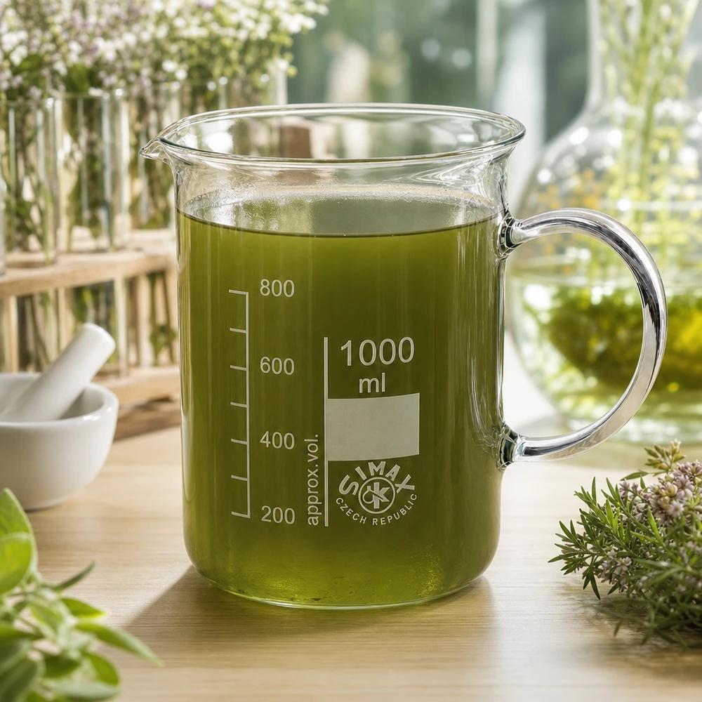 Szklana zlewka o pojemności 1000 ml z uchwytem, wypełniona zielonym ekstraktem ziołowym, otoczona świeżymi ziołami leczniczymi