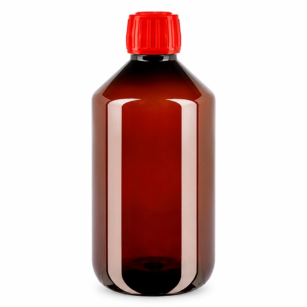 Brązowa butelka PET o pojemności 500 ml z czerwonym oryginalnym zamknięciem wykonanym z lekkiego tworzywa sztucznego