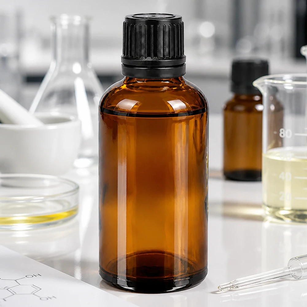Laboratoryjna butelka o pojemności 50 ml z bursztynowego szkła z ochroną UV i czarną zakrętką do bezpiecznego przechowywania