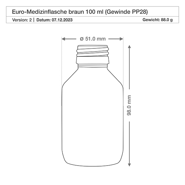 Butelka na lek 100 ml brązowa, z pompką rozpylającą białą ApoGlas. Farmaceutyczna jakość produkcji UE. Gwint 28 mm (PP28). (syrop, butelka z lekkiego szkła) Okrągła butelka z bursztynowego szkła o pojemności 100 ml z gwintem PP28 do bezpiecznego przechowywania leków