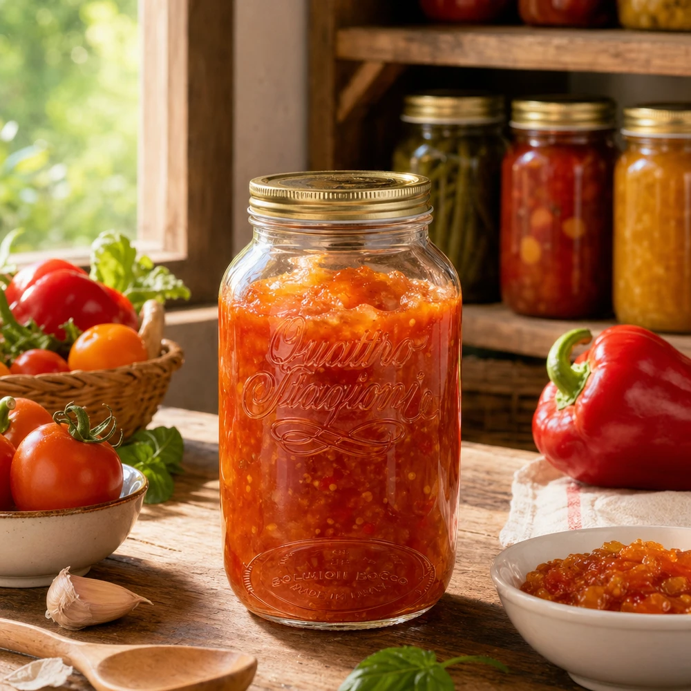 Słoik okrągły 3800 ml „Quattro Stagioni” z pokrywką Okrągły słoik Quattro Stagioni 3800 ml wypełniony sosem pomidorowym wraz ze świeżymi pomidorami i papryką Konserwowanie