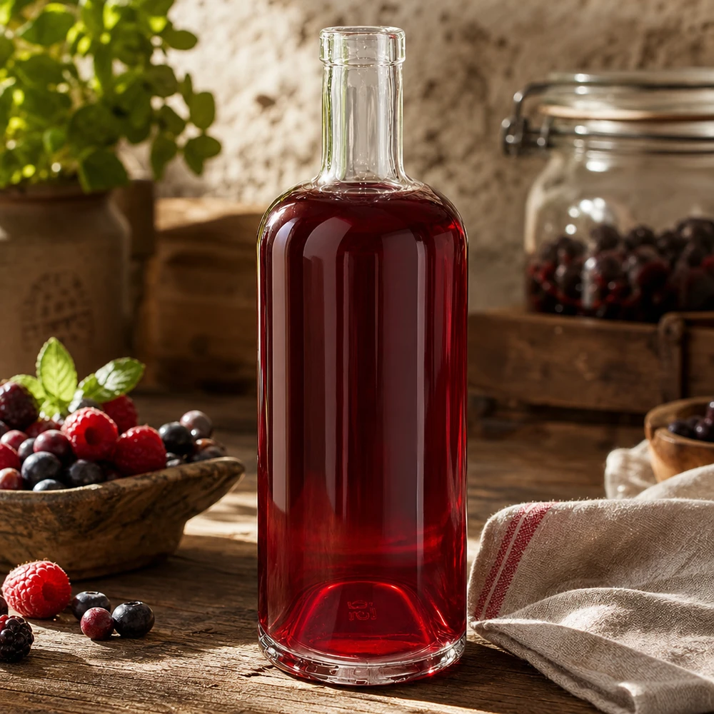 750 ml szklana butelka Emma wypełniona sokiem z czerwonych jagód w otoczeniu świeżych jagód i rustykalnych dekoracji kuchennych