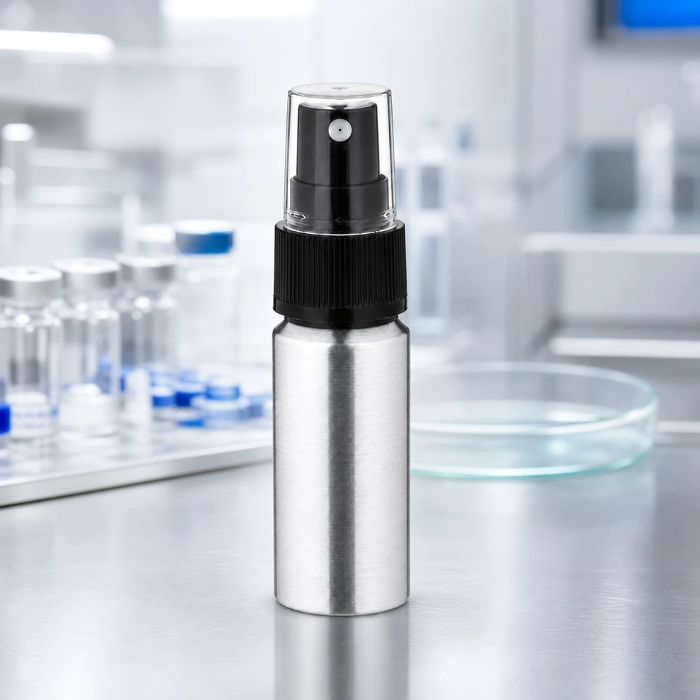 Butelka z polerowanego aluminium o pojemności 20 ml z atomizerem Profesjonalna aluminiowa butelka 20 ml z atomizerem - idealna do zastosowań laboratoryjnych i medycznych