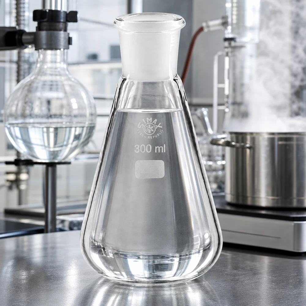 Kolba Erlenmeyera 300 ml z białym korkiem i standardowym szlifowanym złączem 29/32 do precyzyjnych prac laboratoryjnych