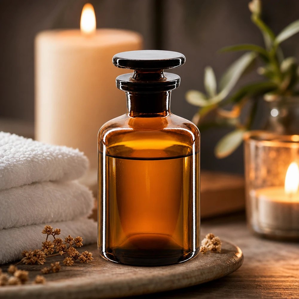 Butelka z zaokrąglonymi ramionami, 50 ml, z brązowego szkła, z wąską szyjką i szklanym korkiem, przeznaczona do perfum i olejków zapachowych