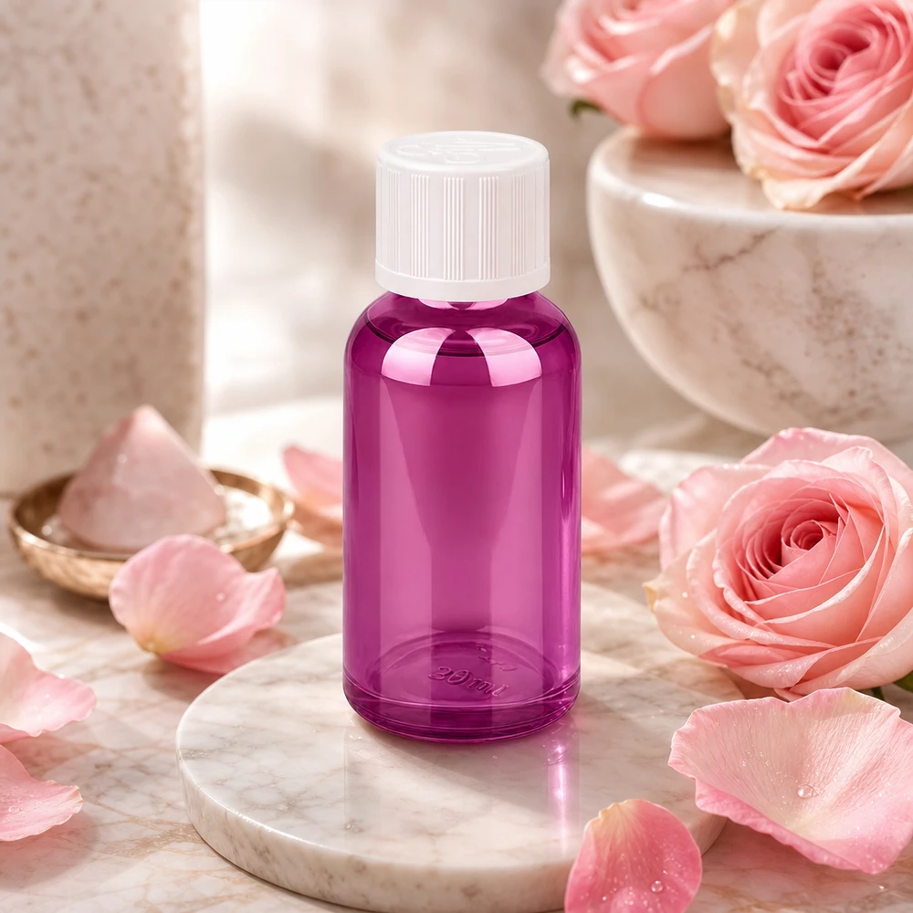 Butelka 30 ml z zakrętką 11 mm, biała, standardowa, zabezpieczona przed dziećmi PurpleLine UT18/30 Butelka 30 ml wykonana z wysokiej jakości szkła borokrzemowego w eleganckim fioletowym kolorze do kosmetyków i aromaterapii