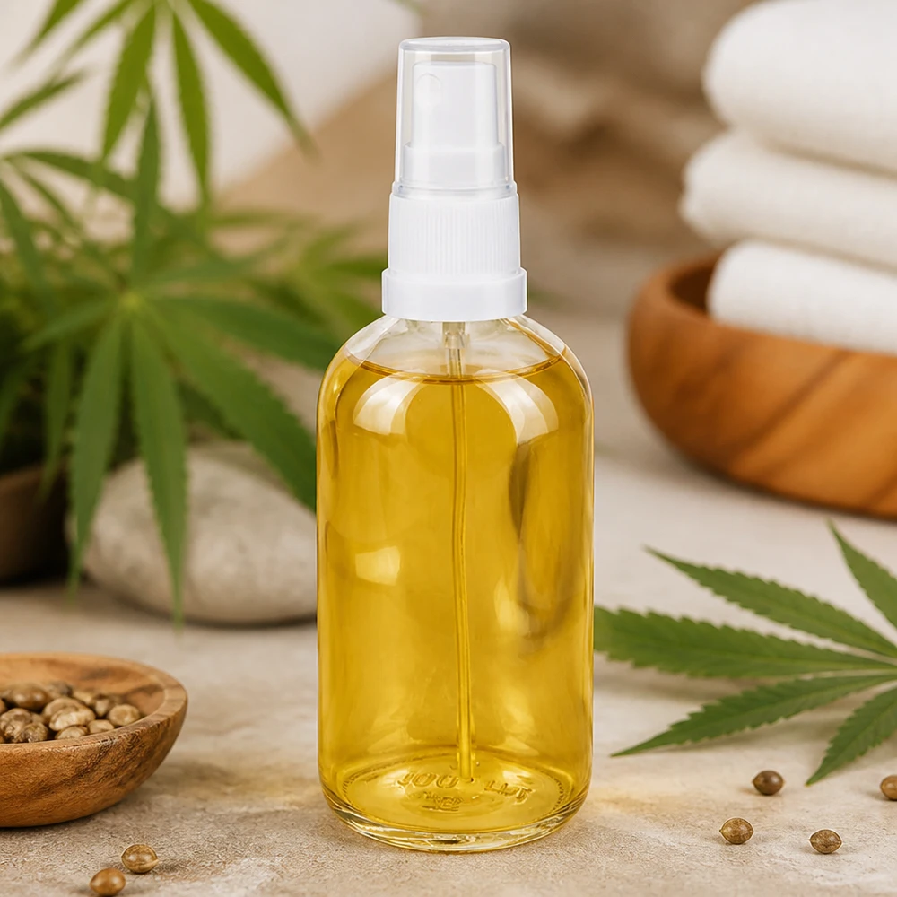 100 ml butelka ze spryskiwaczem biała/przezroczysta STD ClearLine UT18/100 Olej konopny w szklanej butelce o pojemności 100 ml z białą głowicą rozpylającą – opakowanie kosmetyków naturalnych ClearLine UT18