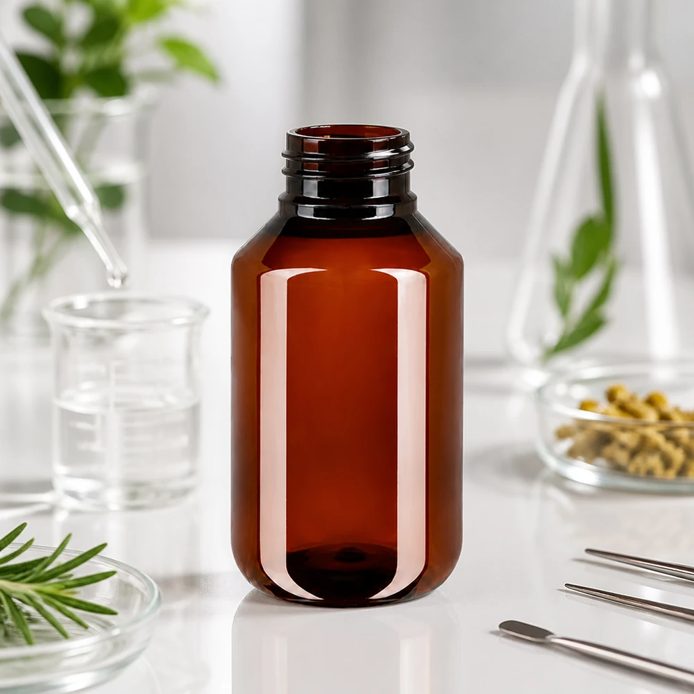 Bursztynowa butelka PET o pojemności 100 ml z korkiem odgazowującym obok laboratoryjnego sprzętu szklanego i ziół