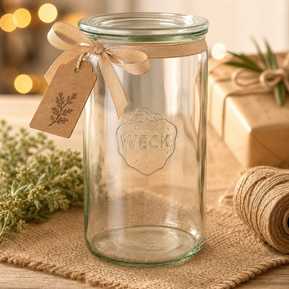 Słoik cylindryczny WECK 1590ml RR100 pusty z brązową wstążką prezentową i zawieszką ozdobioną na Boże Narodzenie na drewnianym stole