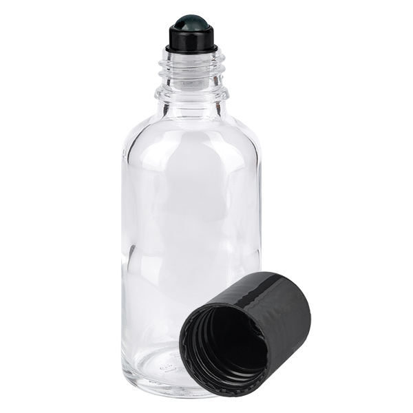 Butelka apteczna przezroczysta 50 ml z czarnym zamknięciem typu roll-on Butelka apteczna przezroczysta 50 ml z czarnym zamknięciem typu roll-on