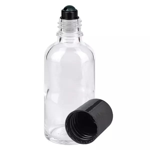 Butelka apteczna przezroczysta 50 ml z czarnym zamknięciem typu roll-on