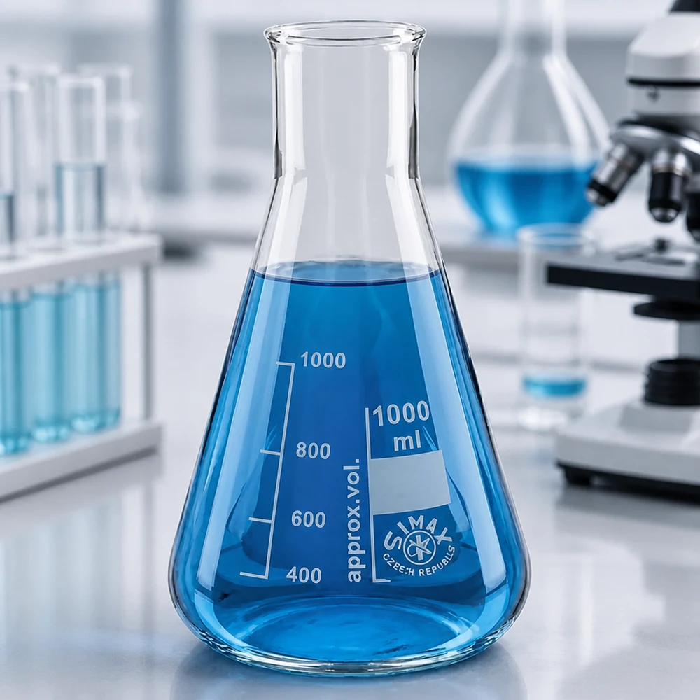 Kolba Erlenmeyera z szeroką szyjką 100 ml Kolba stożkowa Erlenmeyera 100 ml z szeroką szyjką i niebieskim płynem w nowoczesnym środowisku laboratoryjnym