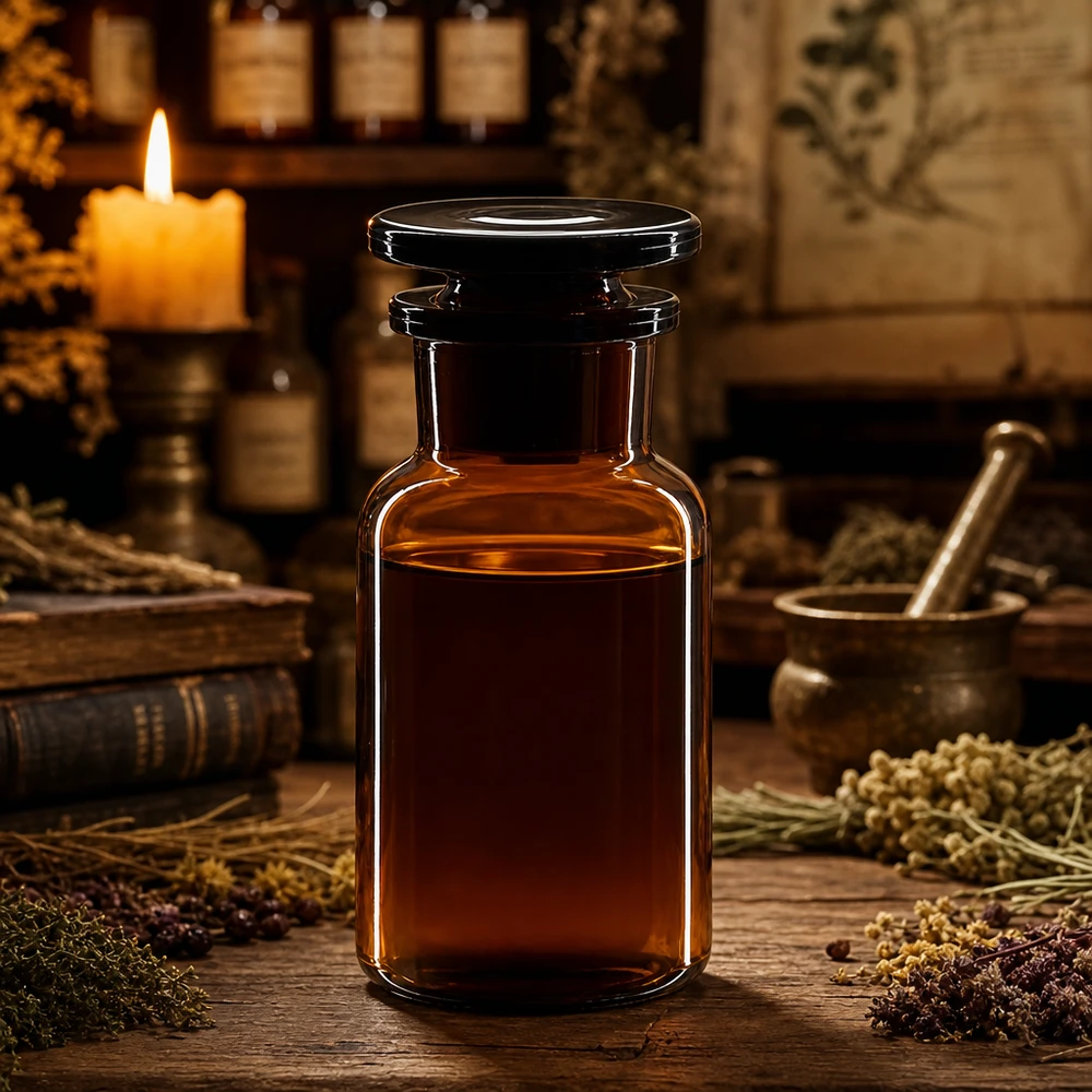 Okrągła butelka na ramię 100 ml z brązową szeroką szyjką i szklanym korkiem Szklana butelka z szeroką szyjką, 100 ml, brązowa, z korkiem, do ekstraktów ziołowych i nalewek