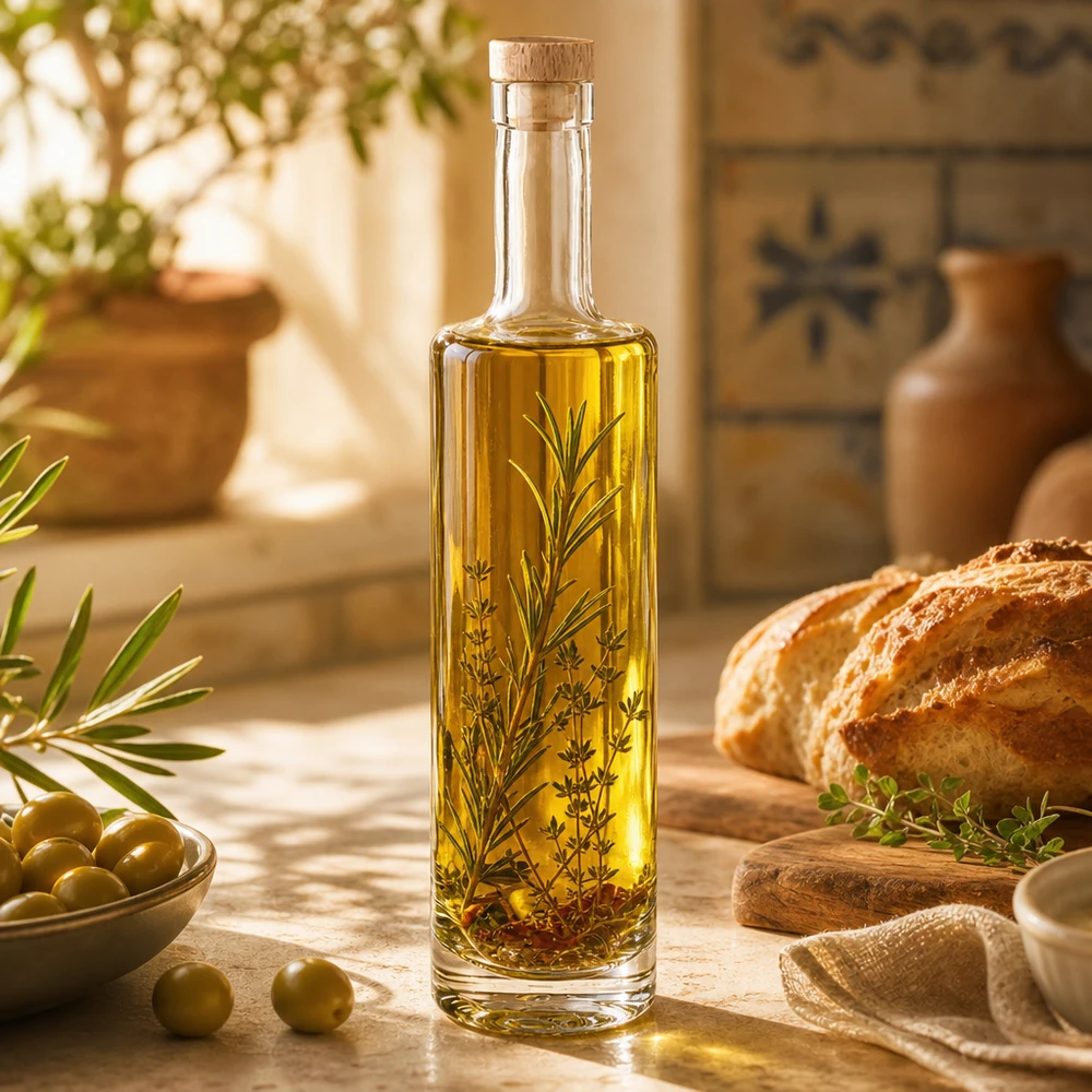 500ml Glasflasche Lina mit Holzkorken gefüllt mit Kräuteröl mediterrane Küche Oliven Brot rustikale Atmosphäre