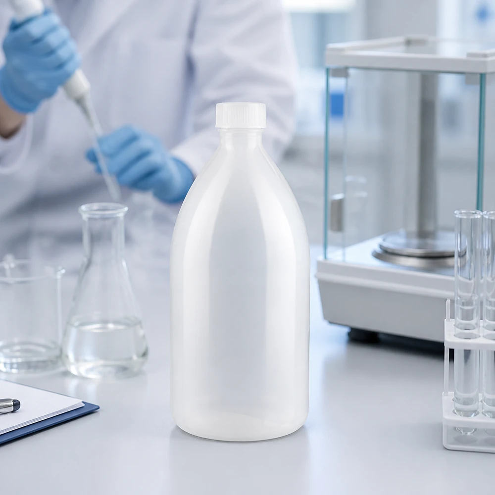 Butelka zakręcana 1000 ml, butelka laboratoryjna z wąską szyjką 1000ml Laborflasche mit Enghals und kindersicherem Schraubverschluss neben Analysenwaage im Labor