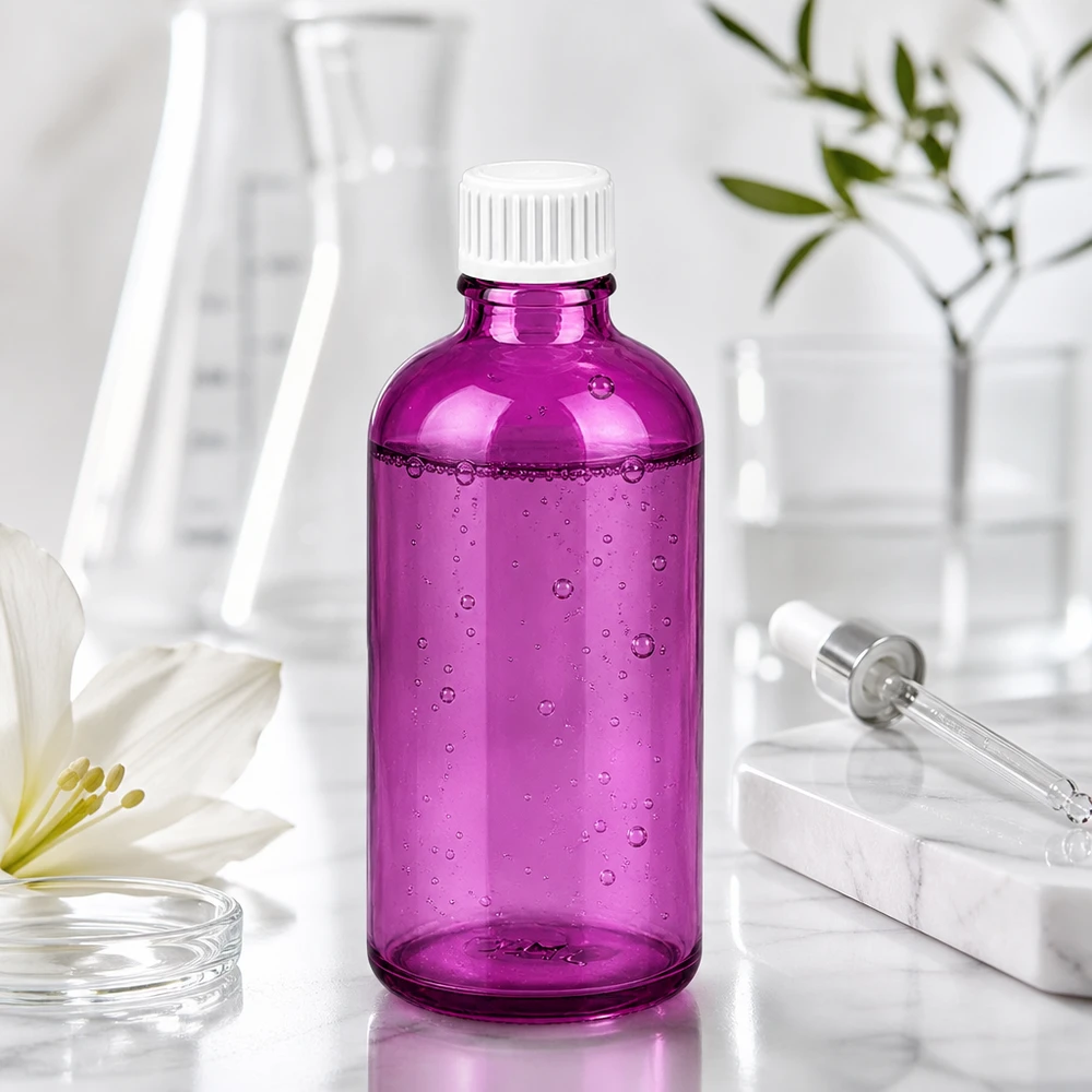 Butelka laboratoryjna 100 ml wykonana z wysokiej jakości szkła w kolorze fioletowym do zastosowań farmaceutycznych