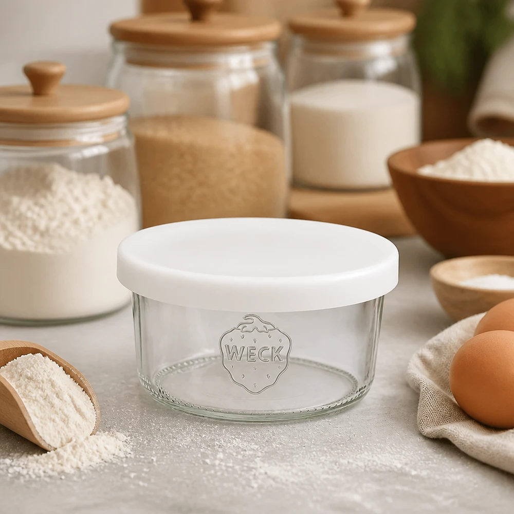 Pojemniki WECK 165ml RR80 z białą silikonową pokrywką do przechowywania składników do pieczenia, mąki, jajek i słoików w kuchni