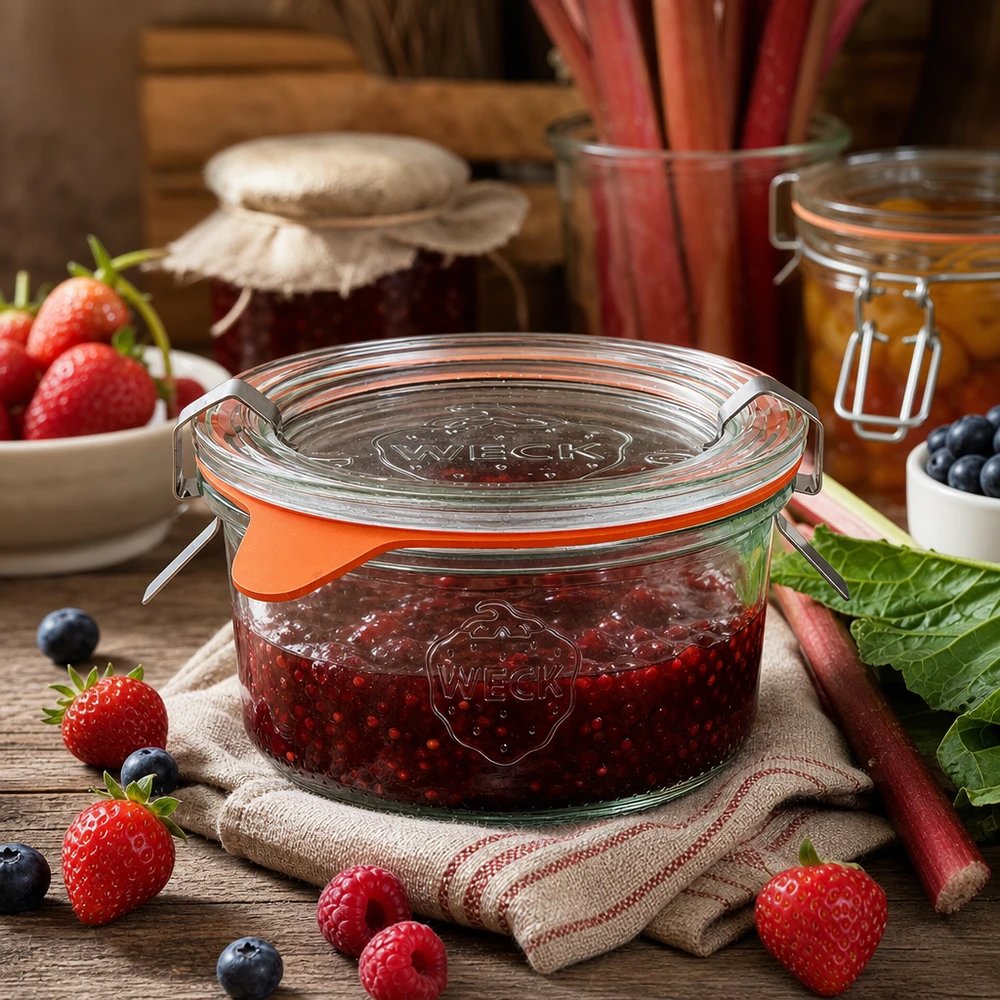 Kubki o pojemności 165 ml w komplecie WECK RR80 Słoik WECK 165ml RR80 wypełniony dżemem jagodowym w otoczeniu świeżych truskawek i jagód na drewnianym stole