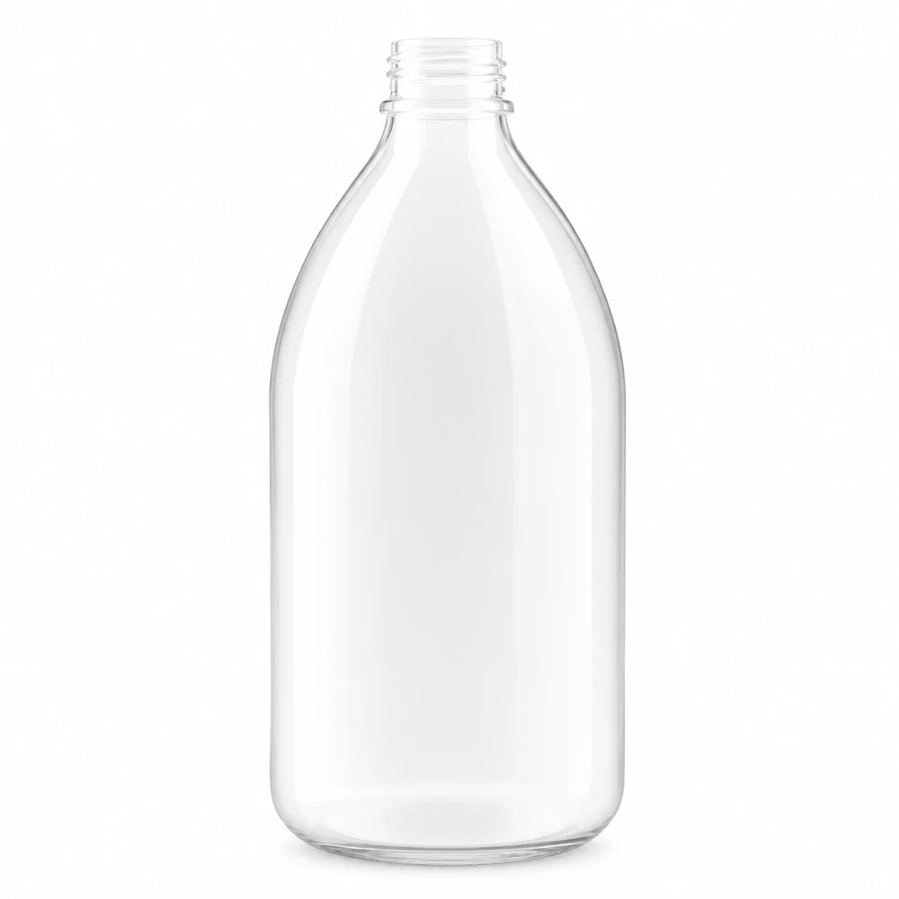 Butelka laboratoryjna o pojemności 500 ml z wąską szyjką, wykonana z przezroczystego szkła, bez zamknięcia, przeznaczona do zastosowań laboratoryjnych i badawczych