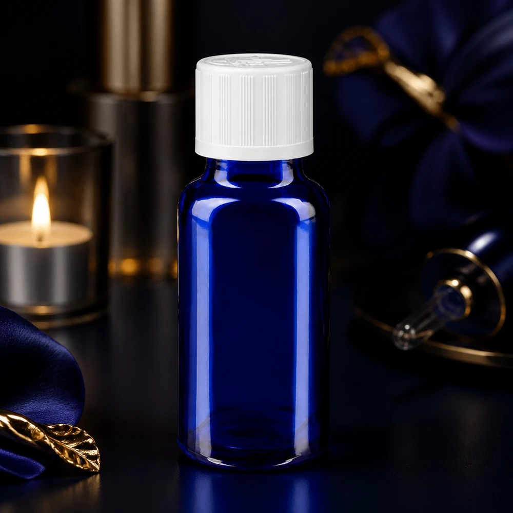 Butelka apteczna niebieska 20ml zakrętka biała KiSi St Niebieska buteleczka apteczna o pojemności 20 ml z białym zamknięciem zabezpieczającym na ciemnym tle, z świecą