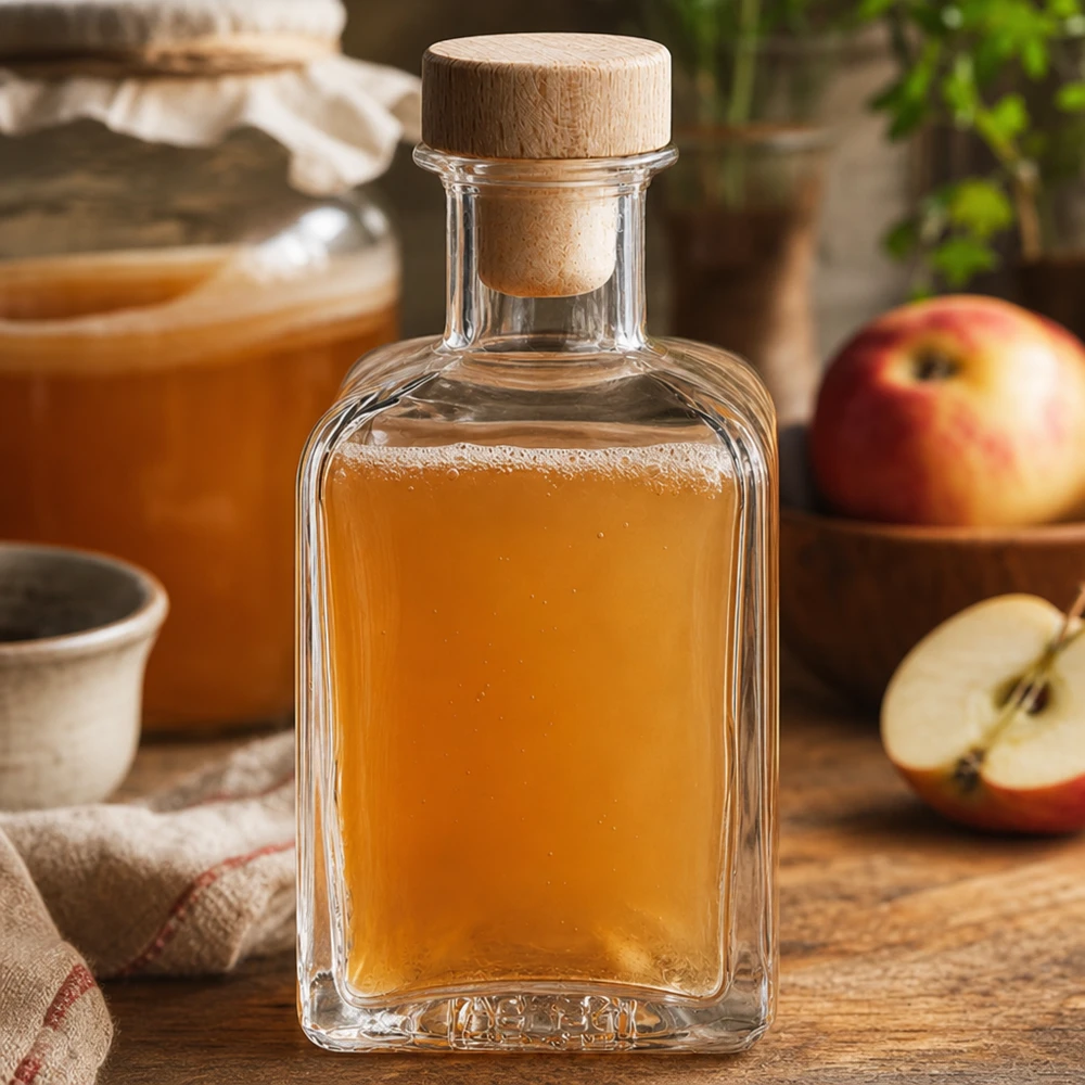 200ml szklana butelka Clara wypełniona sokiem jabłkowym drewniany korek plasterki jabłka rustykalna kuchnia naturalne soki dekoracyjna butelka