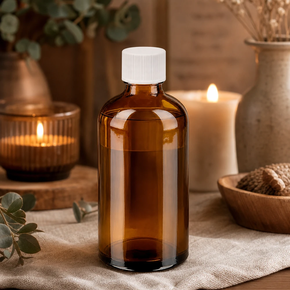Butelka 100 ml 11 mm SV biała STD BrownLine UT18/100 Mała butelka z bursztynowego szkła o pojemności 100 ml z białą zakrętką, idealna do kosmetyków DIY i naturalnych środków leczniczych.