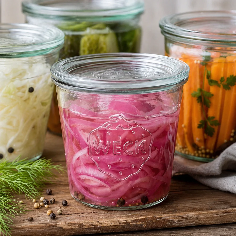 Szklany słoik WECK 580 ml wypełniony marynowanymi warzywami i przyprawami do fermentacji Przykład obok koperku