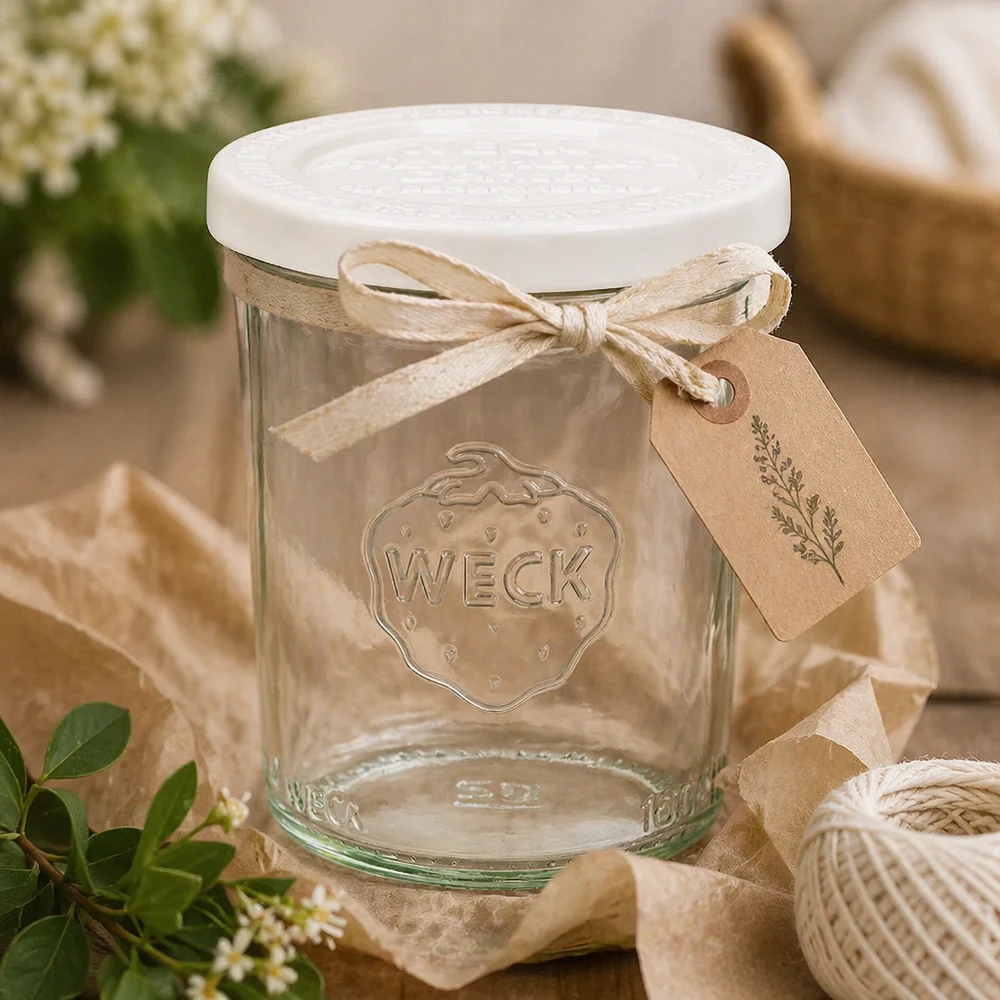 Szklanka o pojemności 160 ml z pokrywką zachowującą świeżość WECK RR60 WECK Sturzglas 160ml mit Dekobändchen und Anhänger - rustikale Geschenkverpackung für selbstgemachte Marmelade