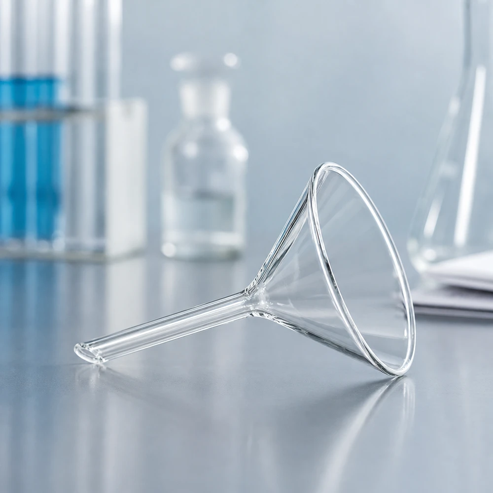 Lejek Ø 60 mm do wapna sodowanego, kąt 60°, krótki Przezroczysty lejek laboratoryjny wykonany z wytrzymałego szkła sodowo-wapniowego o kompaktowej konstrukcji ułatwiającej przenoszenie