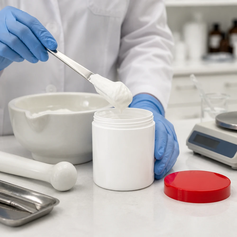 Farmaceuta napełnia białą słoiczek na maści z PP o pojemności 300 g z czerwoną pokrywką kremem za pomocą szpatułki