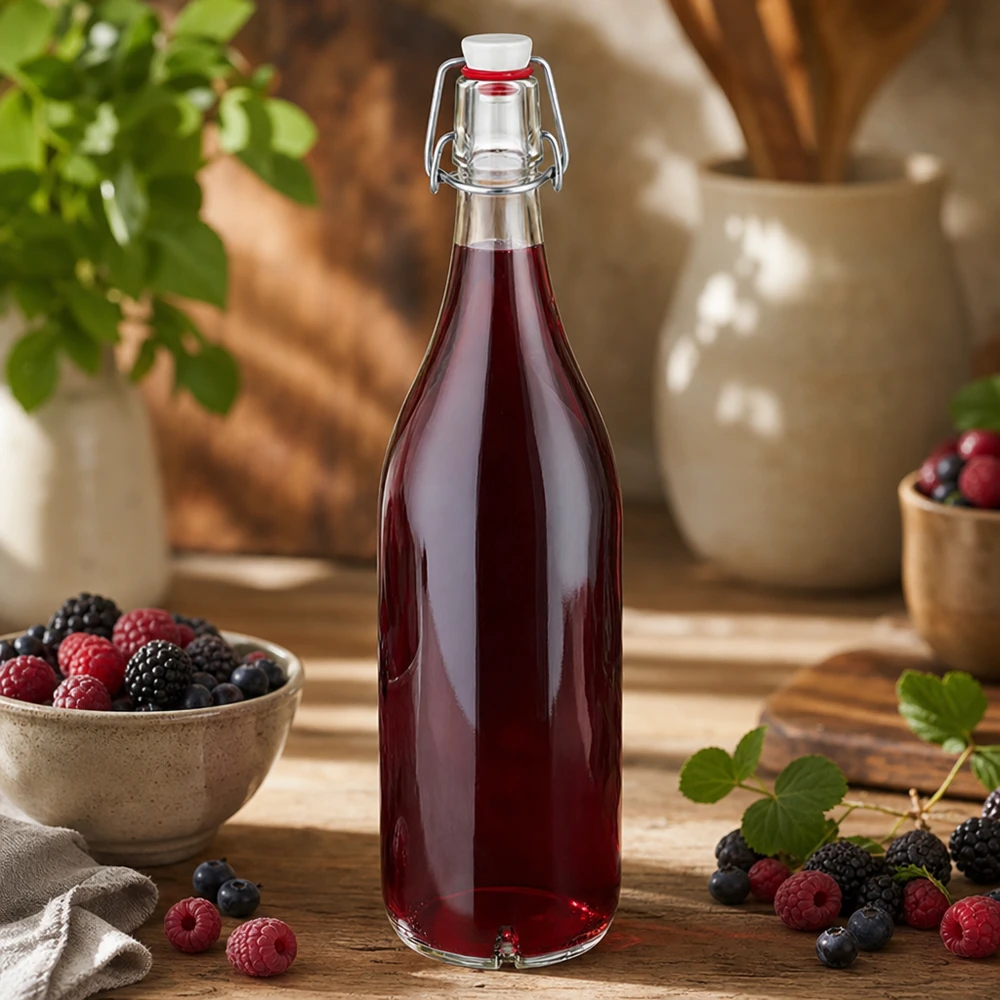 1000ml Glasflasche mit Bügelverschluss gefüllt mit Beerensaft neben frischen Himbeeren und Blaubeeren auf Holz