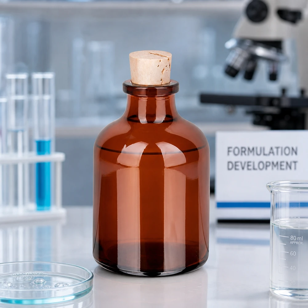 Butelka z bursztynowego szkła 50 ml z korkiem 11/14 mm Kompakte Braunglasflasche mit Korken 14mm Höhe für pharmazeutische Anwendungen