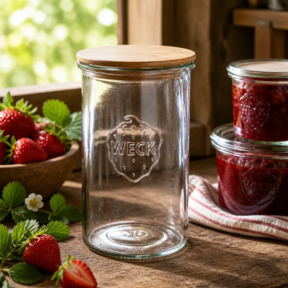 Kubki WECK RR100 o pojemności 1000 ml z drewnianą pokrywką Słoik do przechowywania WECK 1000 ml z drewnianą pokrywką w rustykalnej kuchni obok domowego dżemu truskawkowego i świeżych truskawek
