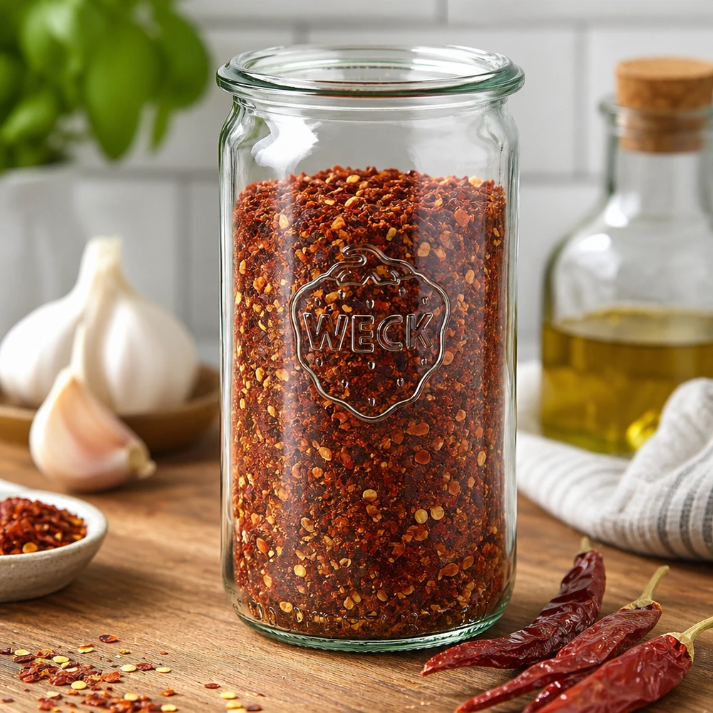 Słoik cylindryczny WECK 340ml RR60 wypełniony płatkami chilli na drewnianym stole z czosnkiem i suszonymi papryczkami chilli