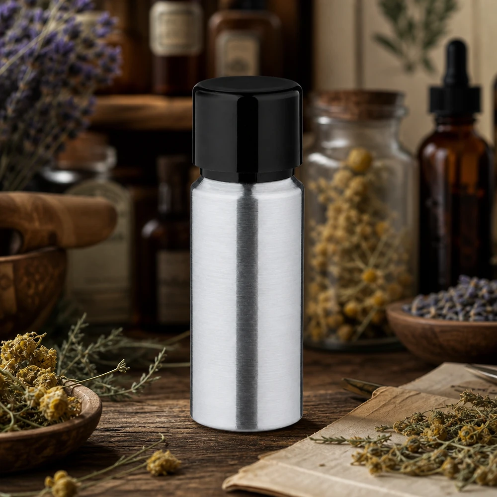 Butelka z polerowanego aluminium o pojemności 20 ml z zakrętką Wysokiej jakości aluminiowa butelka 20 ml ze szczotkowaną metalową powierzchnią do kosmetyków naturalnych i aromaterapii
