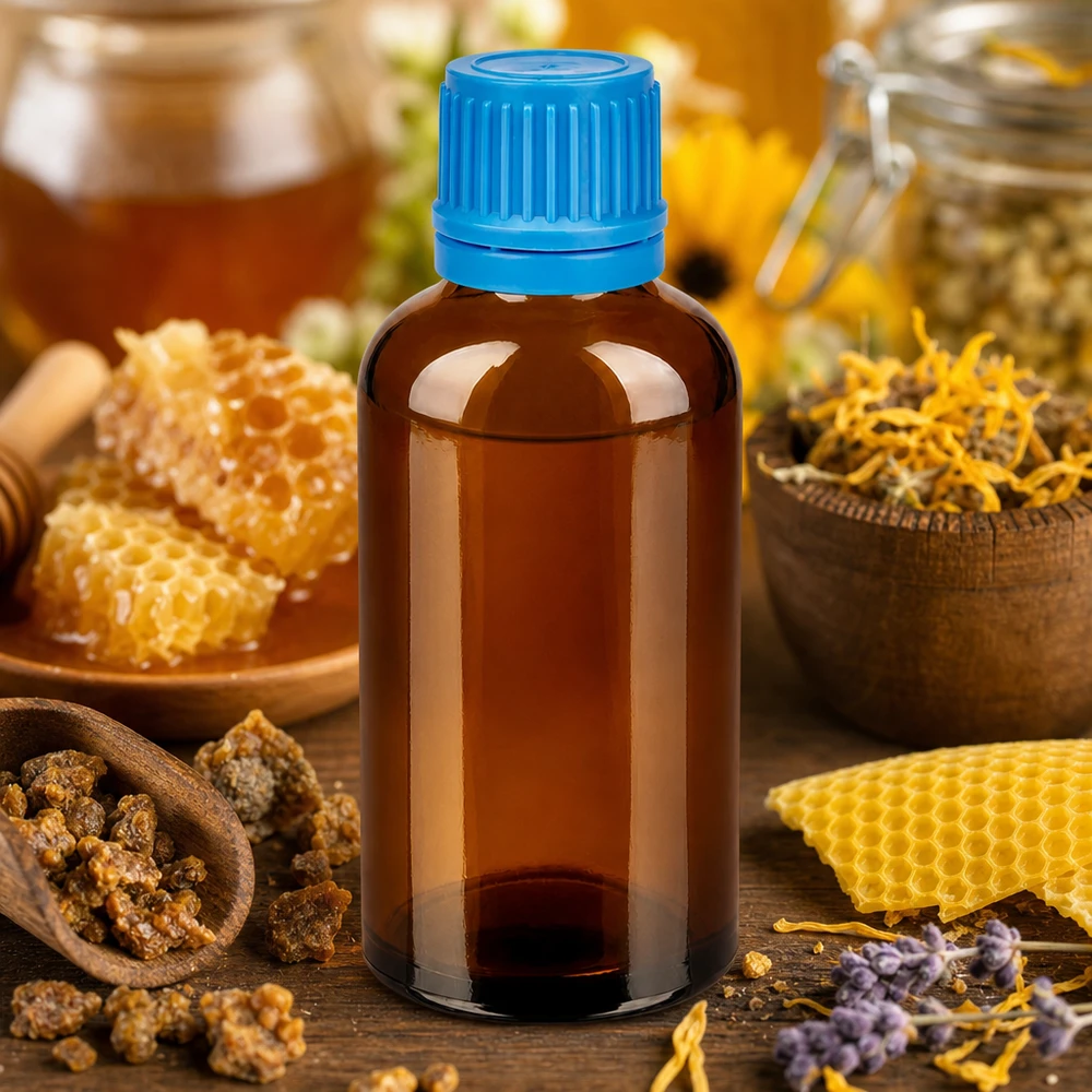 Butelka 50 ml 11 mm SV niebieski OV BrownLine UT18/50 Butelka z bursztynowego szkła o pojemności 50 ml z niebieską zakrętką umożliwiającą łatwe manipulowanie, zapewniająca bezpieczne przechowywanie nalewek.