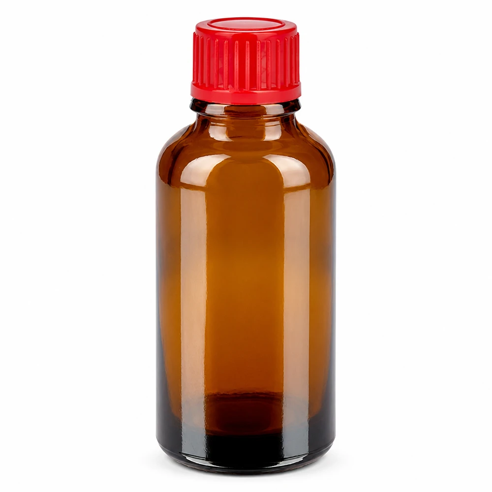 Butelka 30 ml 11 mm SV czerwona STD BrownLine UT18/30 Butelka z bursztynowego szkła o pojemności 30 ml z czerwoną zakrętką do olejków eterycznych i leków