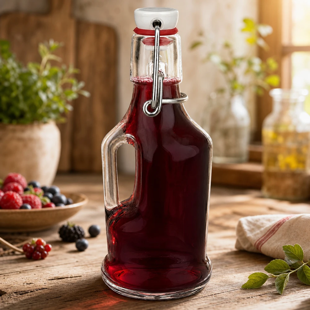 Szklana butelka 200 ml Bertha z zamknięciem zatrzaskowym z PVC UNiTWIST® Szklana butelka Bertha 200ml wypełniona sokiem z czerwonych jagód, zamykana od góry, rustykalna kuchnia z jagodami