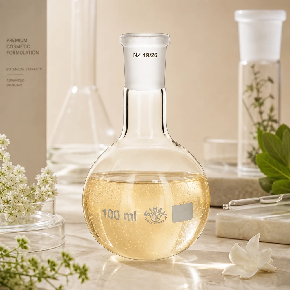Kolba 100 ml ze standardowym szlifowanym złączem (19/26) Kolba biodrowa ze złotym roztworem o pojemności 100 ml - wysokiej jakości szkło laboratoryjne ze standardowym szlifem 19/26