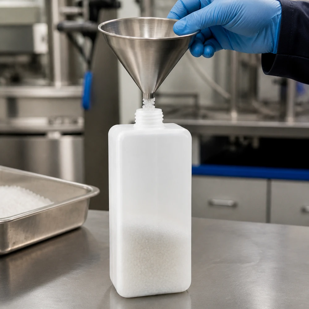 Prostokątna butelka na chemikalia z PE-HD o pojemności 1000 ml, z wąską szyjką GL 32, z niebieską rękawiczką laboratoryjną podczas wsypywania proszku
