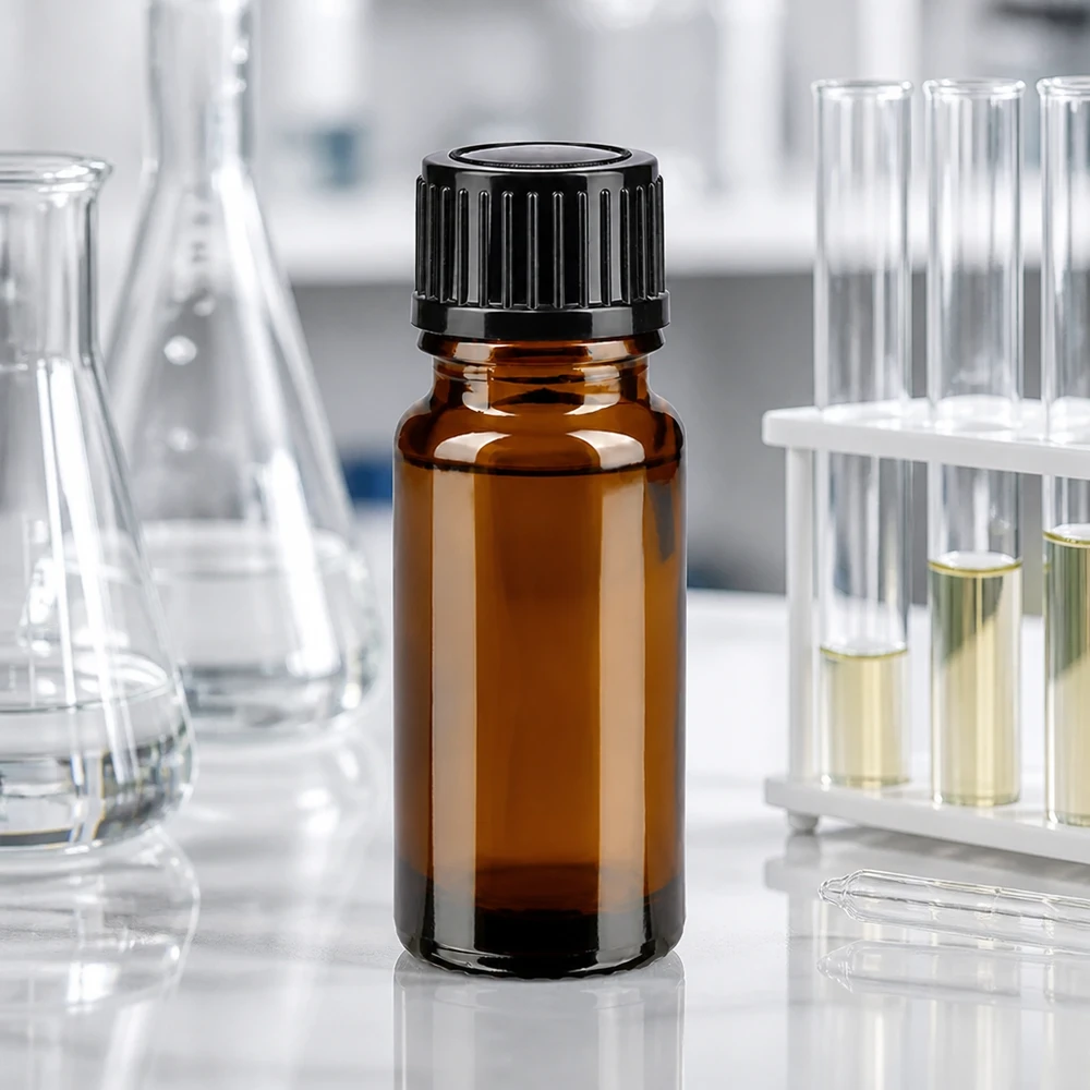 Butelka apteczna brązowa 10ml zakrętka czarna szt. Butelka laboratoryjna o pojemności 10 ml, wykonana z brązowego szkła aptecznego, z czarną plastikową nakrętką, stosowana w warunkach laboratoryjnych