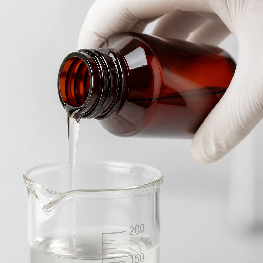 Butelka PET 50 ml z białym standardem OV Butelka PET o pojemności 50 ml w kolorze bursztynowym z białym opakowaniem zewnętrznym jest przelewana do szklanki